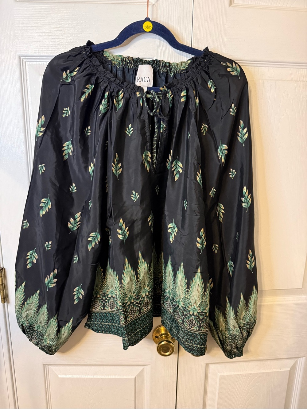 RAGA Black Tunic with Green Leaf Border Print Boho